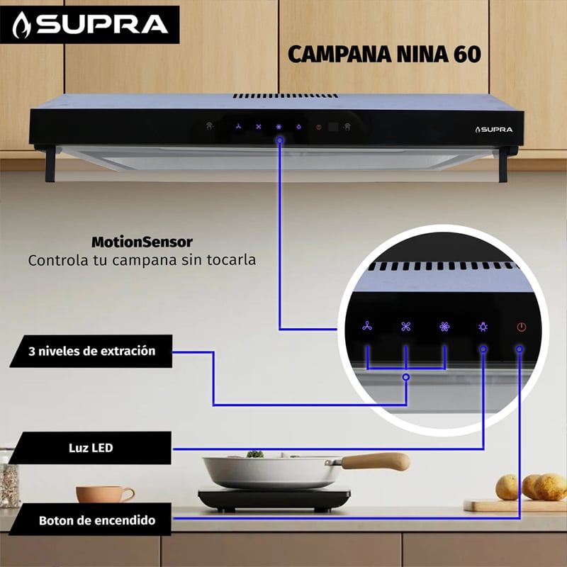 Campana Extractora de Pared Negro Mate con Sensor 60 cm - Nina 60 - Supra - El Tío Sam Puerto Vallarta - Imagen 4
