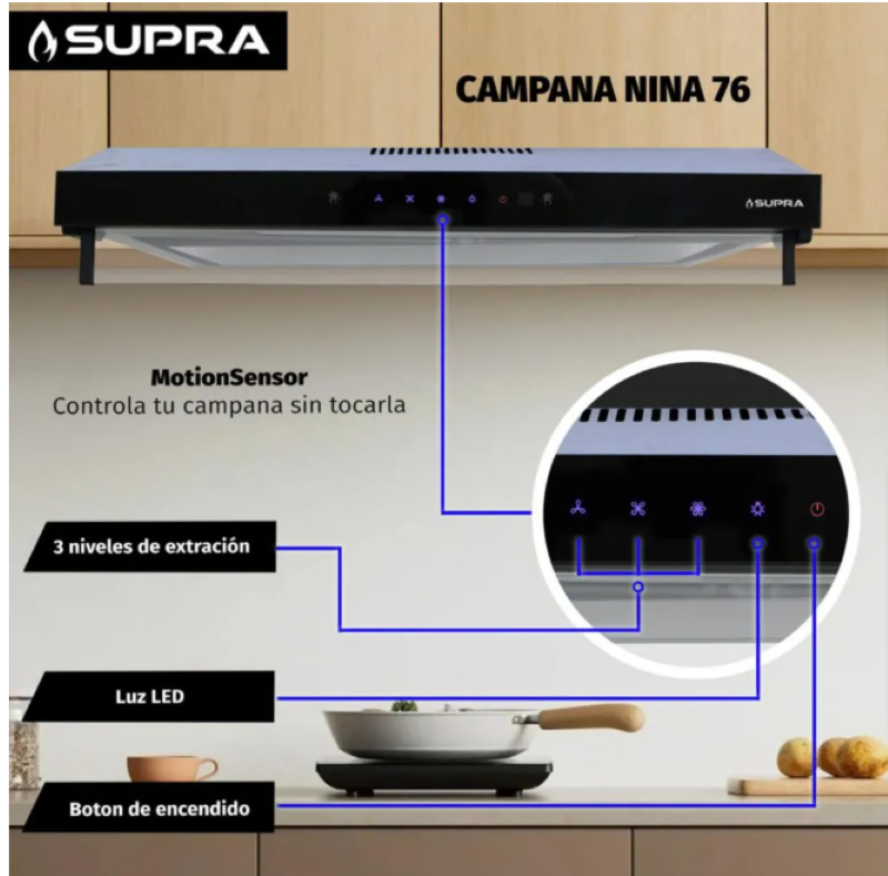 Campana Extractora de Pared Negro Mate con Sensor 76 cm - Nina 76 - Supra - El Tío Sam Puerto Vallarta - Imagen 2