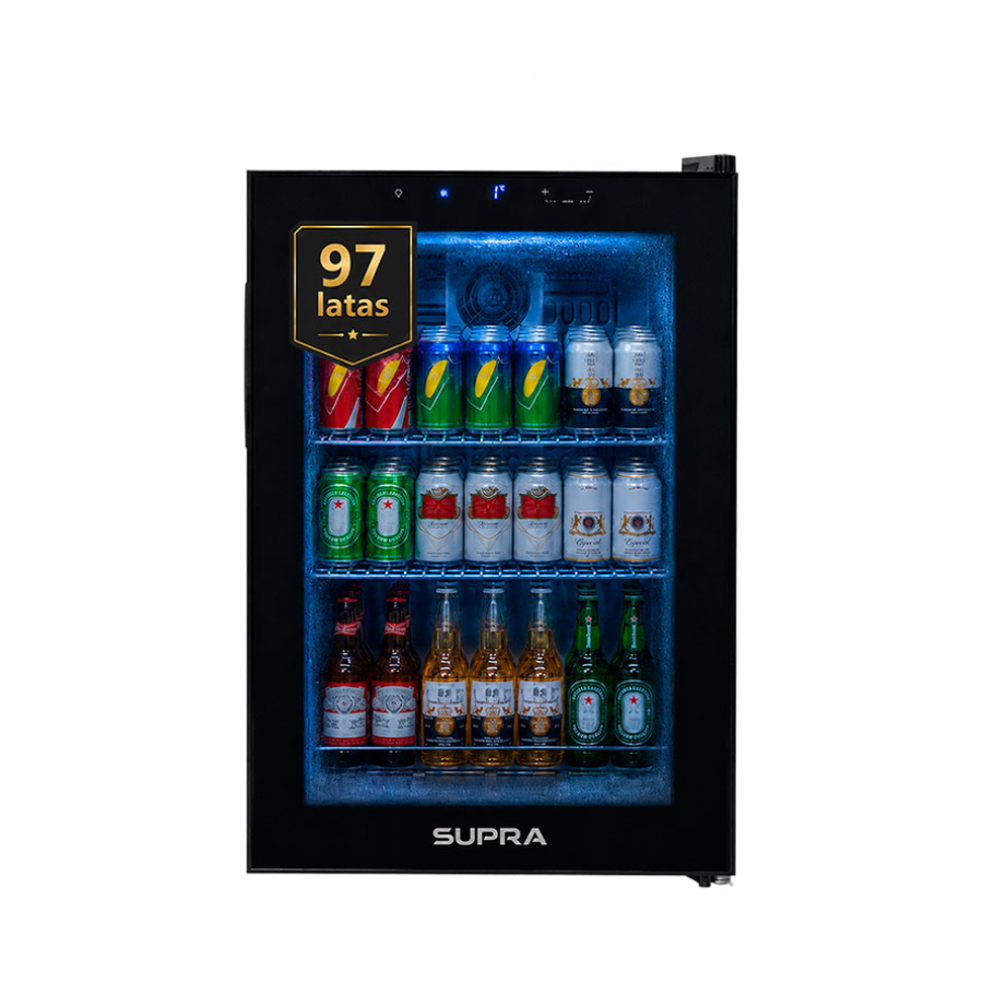 Enfriador de Bebidas Lugano para 97 Latas Color Negro con Puerta de Cristal Templado – Supra – El Tío Sam Puerto Vallarta
