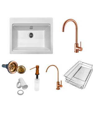 Combo de Tarja de Cuarzo KQSS2522A con Grifería Rose Gold y Accesorios – KELE – MASTER COMBO 9 – El Tío Sam Puerto Vallarta