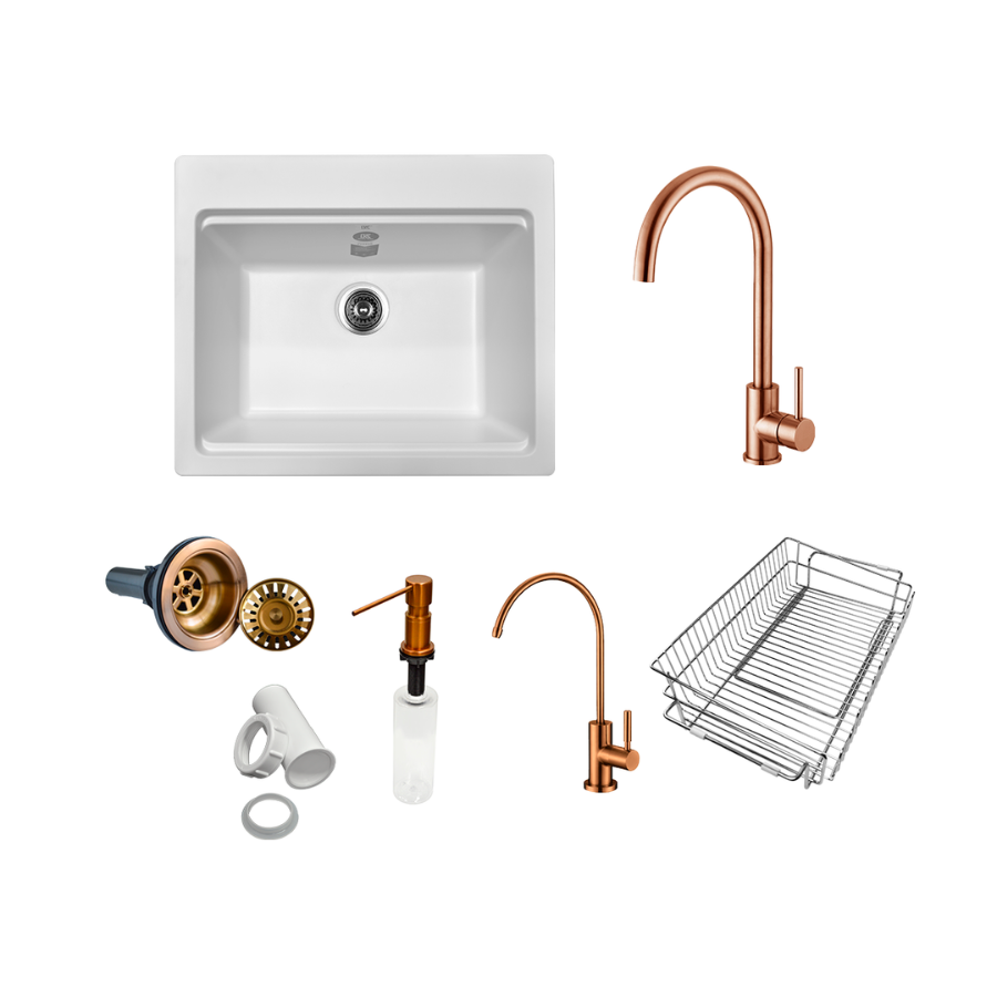 Combo de Tarja de Cuarzo KQSS2522A con Grifería Rose Gold y Accesorios – KELE – MASTER COMBO 9 – El Tío Sam Puerto Vallarta